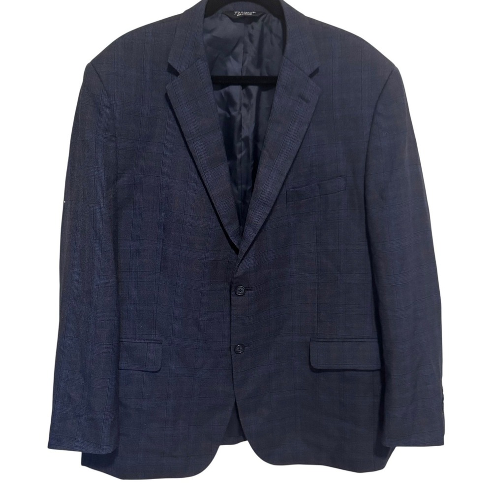Jos A Bank Men Navy‎ Blue Plaid Wool Blend Sport Coat Blazer Jacket Size 46 R